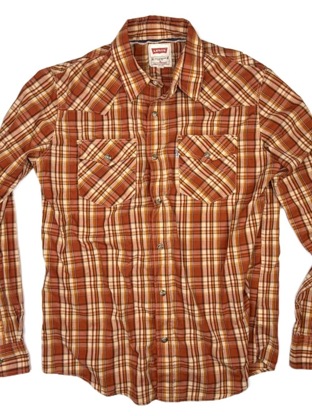 Levi's Mens Small Western Pearl Snap Shirt Long Sleeve Orange Plaid Style Levis